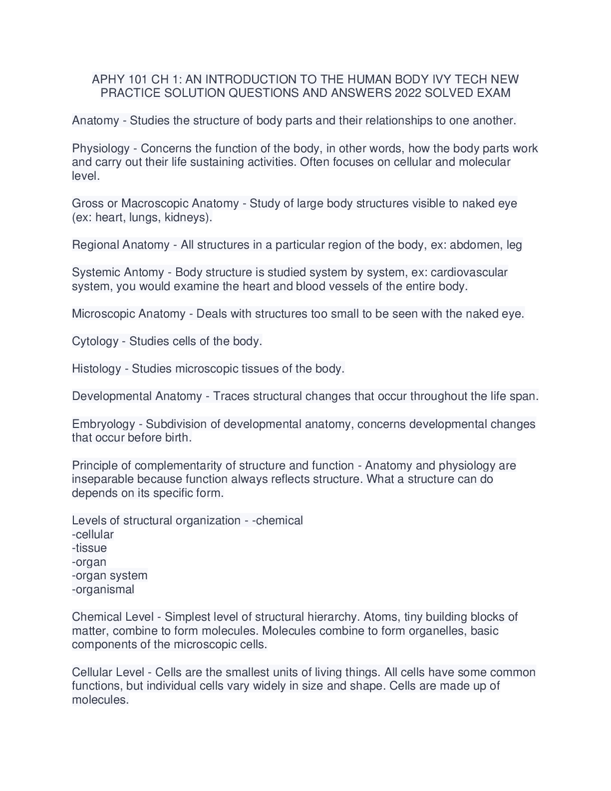 Preview image for APHY 101 CH 1: AN INTRODUCTION TO THE HUMAN BODY IVY TECH NEW  PRACTICE SOLUTION QUESTIONS AND ANSWERS 2022 SOLVED EXAM